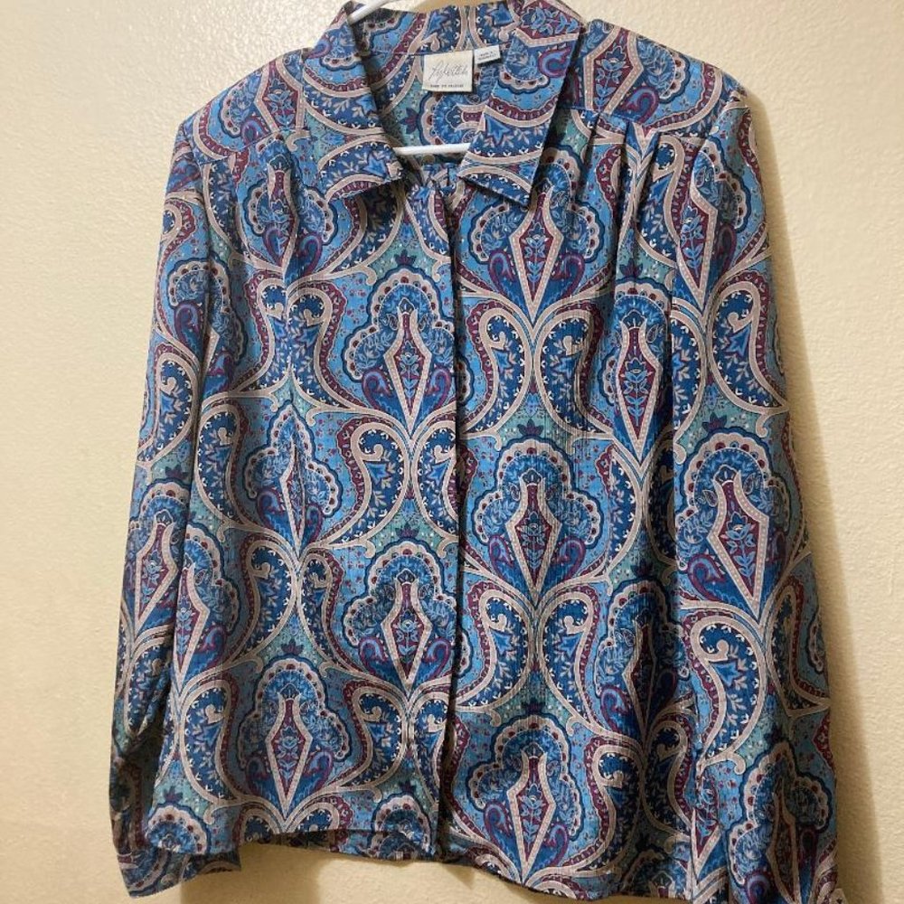 Vintage Pykettes Women's Blue Paisley Hidden Button Shoulder Pad Blouse Size 4